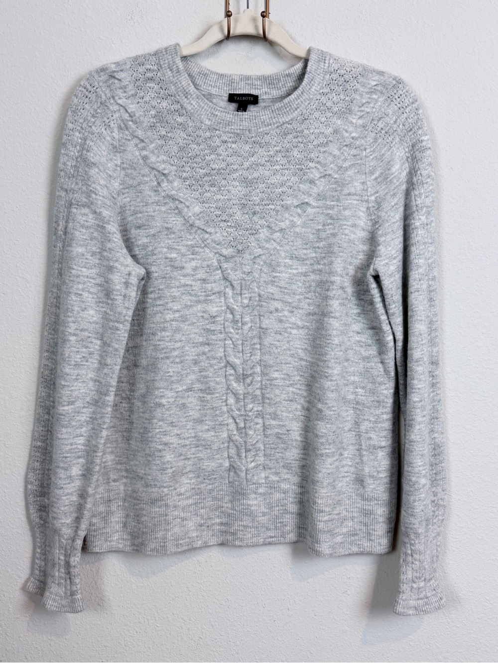 Talbots Heather Gray Pointelle Cable Knit Ruffle Sleeve Crewneck Sweater L